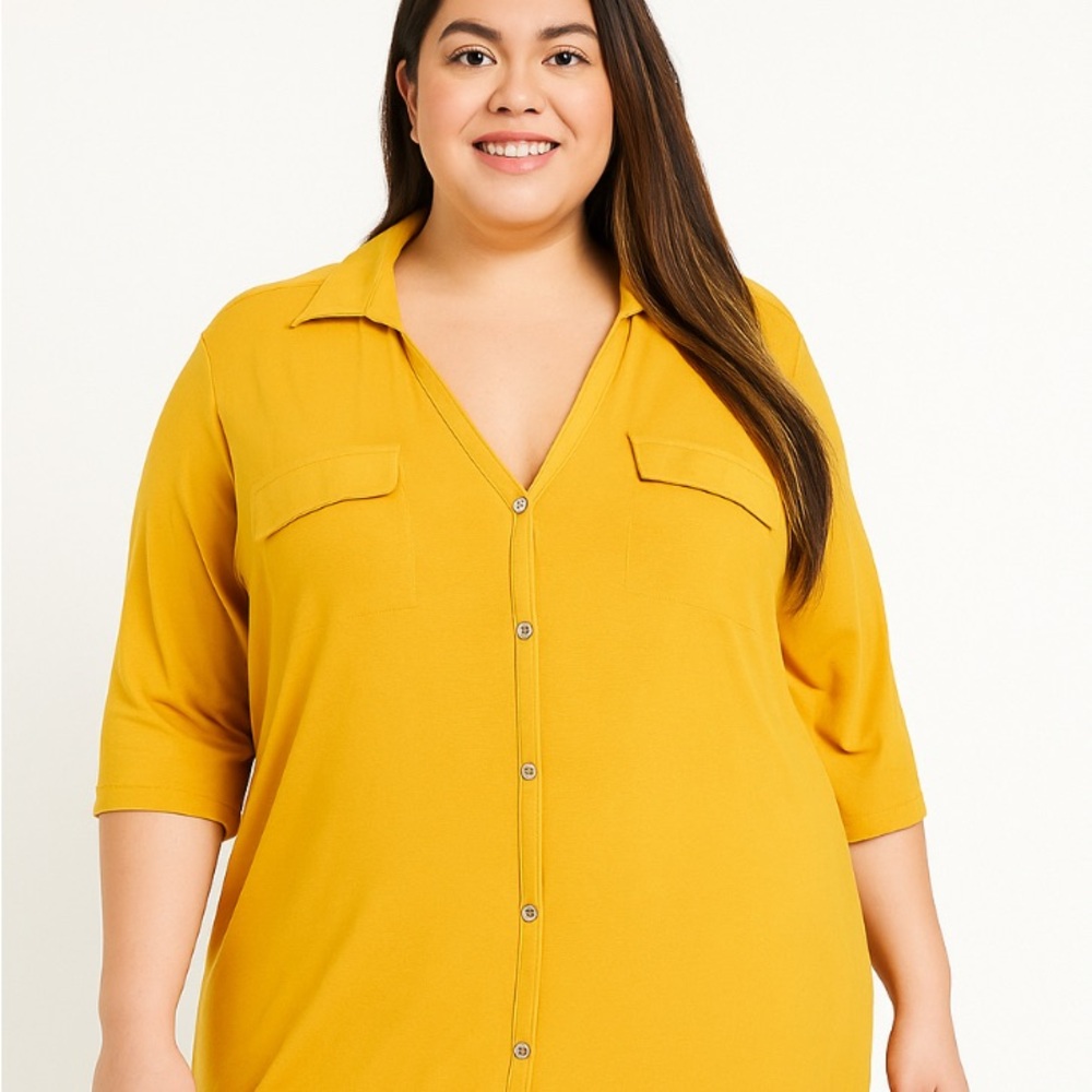 89th and madison Women’s Plus Size 2x Button Up Blouse In Mustard Yellow